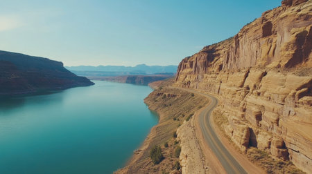 A breathtaking mountain road curves around cliffs, providing stunning views of a vibrant turquoise lake below, set against a clear blue sky in an idyllic landscape.の素材