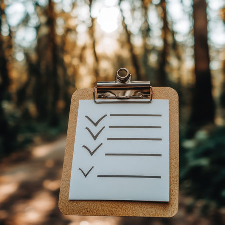 A clipboard with a checklist is held in a forest, surrounded by tall trees. The natural light filters through leaves, creating a tranquil atmosphere. This symbolizes focus and productivity.の素材