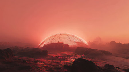A massive dome-shaped habitat glows softly against the backdrop of a dusty red sky on the Martian surface. The translucent roof illuminates the surrounding rocky terrain at dusk.の素材