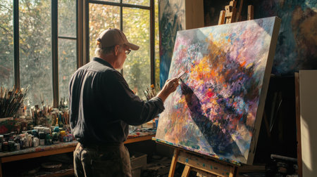 In a bright studio, an artist concentrates on a large canvas, painting vivid colors. Sunlight pours in, illuminating the creative workspace bustling with brushes and paint.の素材