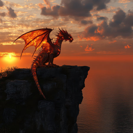 Under a fiery sunset, a mythical fire dragon rests on a cliff, showcasing its glowing ember scales against the vibrant colors of the sky.の素材