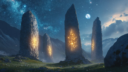 High-altitude cultures gather at stone monoliths marking celestial alignments. Glowing constellations illuminate their surfaces in a tranquil night sky, enhancing the atmosphere of wonder.の素材