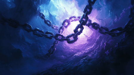 Interlocking rings of brilliant light dissolve chains of darkness, creating a peaceful atmosphere filled with soft, ethereal glows that evoke feelings of forgiveness and renewal.の素材