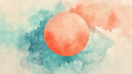 An elegant gradient within a circle transitions from soothing teal to warm coral tones. This harmonious arrangement creates a balanced visual perfect for artistic spaces.の素材