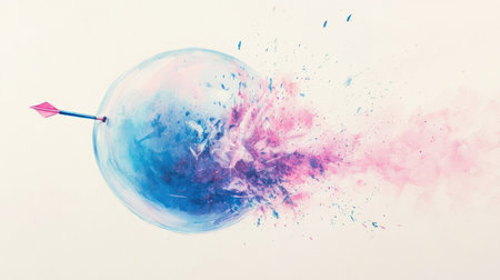 A dart strikes a large pastel balloon, causing it to pop dramatically. Bright pink and blue powder burst into the air, creating a vibrant and lively effect in this intricate watercolor artwork.の素材