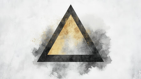 A single watercolor triangle stands out against an abstract white background, featuring muted gray and gold tones that enhances its artistic beauty. The design evokes a sense of calm sophistication.の素材