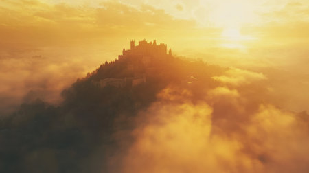 A grand castle sits atop a hill, surrounded by swirling mist and enveloped in warm golden light as the sun rises. The scene evokes mystery and beauty, evoking a sense of wonder.の素材
