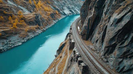 A breathtaking railway tightly hugs the cliffside, offering panoramic views of a vibrant glacial lake beneath. Fall foliage adds color to the rugged landscape, creating a serene atmosphere.の素材
