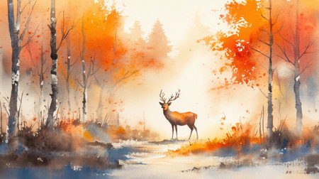 A solitary deer stands gracefully in a misty forest, surrounded by trees dressed in vibrant autumn colors of orange and red. The atmosphere evokes a calm and serene wilderness.の素材