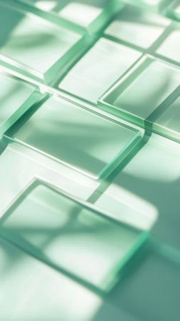 Soft grid patterns in pastel mint and gray blend seamlessly, forming an airy composition that evokes a sense of tranquility and subtle elegance, suitable for modern design aesthetics.の素材