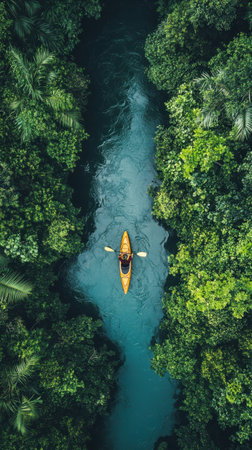 A lone kayaker skillfully navigates a serene river, bordered by dense and vibrant jungle foliage. The tranquil waters reflect the surrounding greenery, creating a picturesque escape.の素材