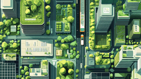 Vibrant urban areas feature lush gardens atop buildings, tree-lined streets, and efficient public transit, promoting sustainability and clean living in a modern environment.の素材