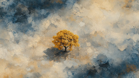 A solitary tree rises in the center of an expansive field under a sky filled with dramatic, swirling clouds. The artwork captures a moment of serene beauty and stark contrast.の素材