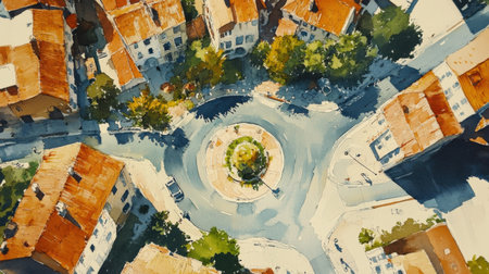 Aerial view captures a roundabout nestled in a small village, showcasing historic buildings with terracotta roofs and lush greenery under bright sunlight.の素材