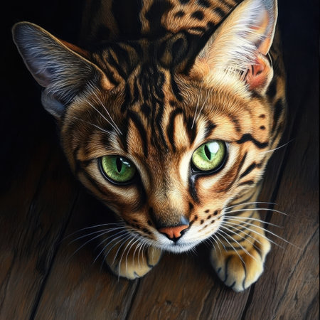 A Bengal cat stars intently with bright green eyes, positioned on a wooden floor. Its stunning fur patterns reveal incredible detail in this ultra-realistic portrayal.の素材