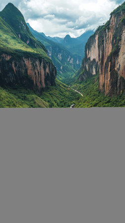 A train accelerates through a vibrant green valley, surrounded by steep cliffs that rise sharply on either side. The scenic route showcases nature's beauty and the thrill of travel.の素材