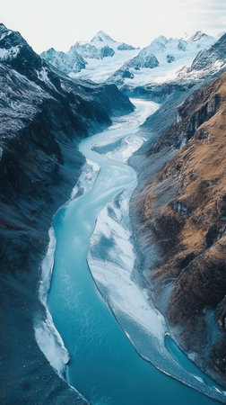 Dramatic river meanders through a mountainous terrain, showcasing pristine glacial waters. Snow-capped peaks rise majestically in the background, creating a breathtaking vista.の素材