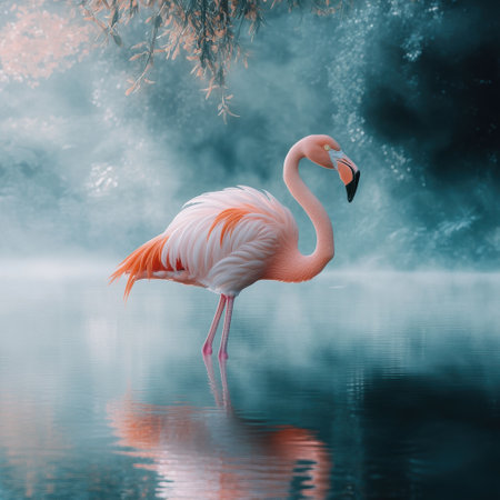 A regal flamingo stands gracefully in a tranquil lake, its pink feathers illuminated by soft morning light. The soft mist adds a serene atmosphere to this peaceful setting.の素材