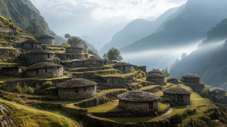 Nestled among misty peaks, this hilltop village features round stone houses and terraces carved into the rock, revealing the remnants of a long-lost mountain civilization.の素材