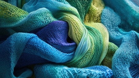 Soft, glowing knitted threads intertwine to form an intricate design in vibrant shades of blue and green, inviting tranquility and warmth into the space.の素材