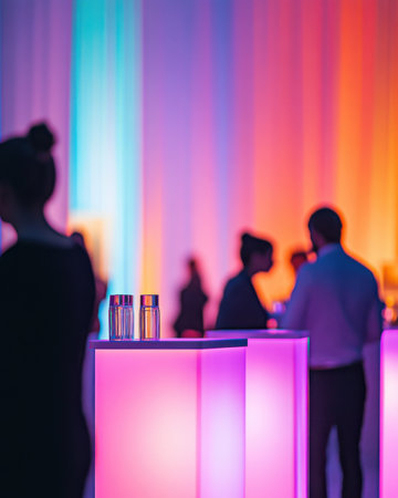 Brightly lit booths draw attention in a contemporary trade event setting, where blurred silhouettes of attendees mingle, creating an energetic atmosphere amidst soft bokeh lighting.の素材