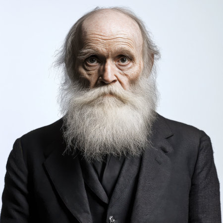 Charles Darwin, known for his groundbreaking work on evolution, displays a contemplative expression with his long, distinctive beard, creating an iconic portrait.の素材