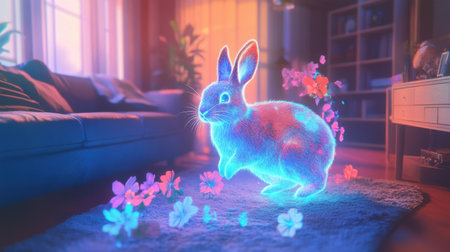 In a cozy living room at dusk, a glowing rabbit-like virtual pet hops playfully, leaving a trail of holographic flowers that dance softly around it as it moves across the carpet.の素材
