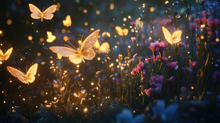In a tranquil night meadow, luminous moths gracefully flutter around vibrant flowers, their gentle glow illuminating the surroundings and creating a dreamlike ambiance.の素材