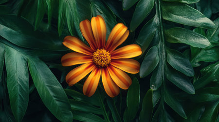 Bright orange and yellow marigold flower stands out beautifully against a backdrop of lush green leaves, illuminated softly by natural light in a serene garden setting.の素材