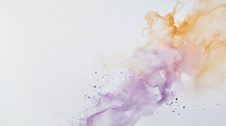Soft muted lavender and ochre blend in an asymmetrical splash across a white canvas, creating an airy, modern design that inspires creativity and calm.の素材