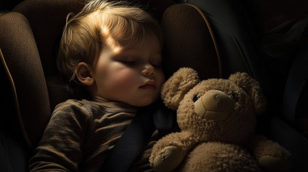 A toddler sleeps soundly in a car seat, nestled next to a plush toy. The soft natural light creates a serene atmosphere, capturing a moment of calm and innocence during a journey.の素材