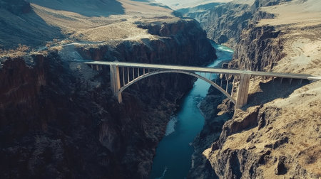 A breathtaking bridge arches over a deep canyon, with a river winding below. The impressive landscape showcases a blend of natural beauty and architectural elegance.の素材
