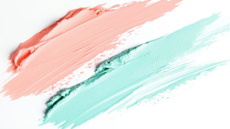 Brushstrokes of soft coral and mint intertwine and dissolve into white, creating an airy and balanced composition. This artwork showcases a gentle color palette perfect for contemporary decor.の素材