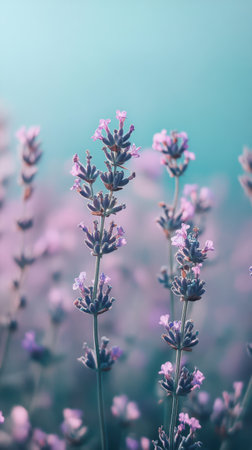 Delicate lavender flowers stand tall against a dreamy pastel backdrop, showing their vibrant purple hues. The gentle ambiance highlights the beauty of nature in spring.の素材