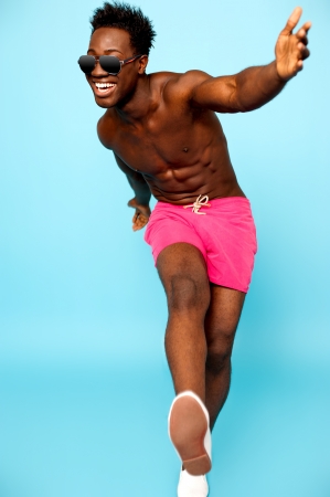 Causal african male in boxers having great time  Enjoying himselfの写真素材