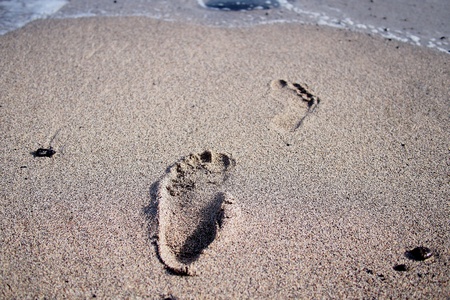 Footprints along the edge of sea