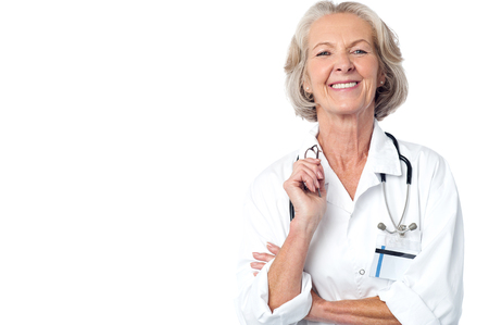 Female surgeon with stethoscope around her neckの写真素材