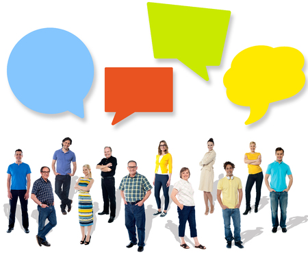 Diverse people posing with speech bubblesの写真素材