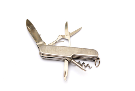 Multiple Use Swiss Knife with scissor on white backgroundの写真素材