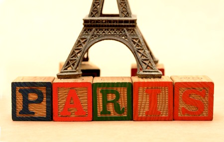 Paris Word blocks with eiffel tower in backgroundの写真素材