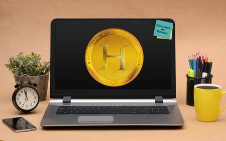 New Hashgraph Coin Design on Laptop screenの写真素材