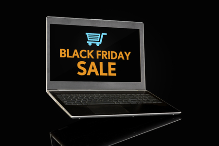 Black Friday Sale on a Laptop with E-Commerce Bucketの写真素材