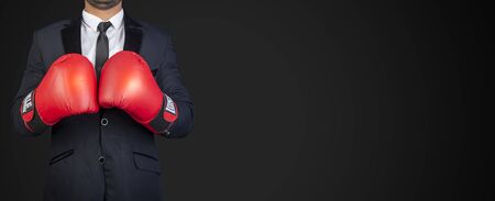 Businessman with boxing gloves and suit ready to accept all challanges in conceptual banner.の写真素材