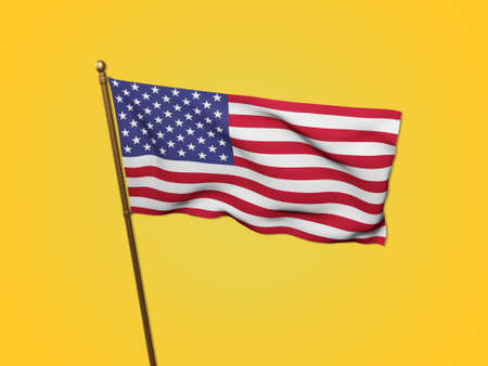 3D rendered flag of United States on yellow background.