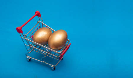Shopping cart filled with golden eggs - investment conceptual theme.の写真素材