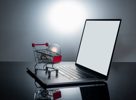Idea for your online shopping store with laptop screen and bulb in the cart.の写真素材