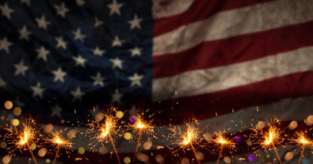Old USA flag in background with sparkles celebrating USA Independence Day theme.