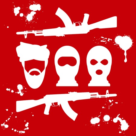 Symbol of terrorism - man in turban, balaclava and two crossed AK-47のイラスト素材