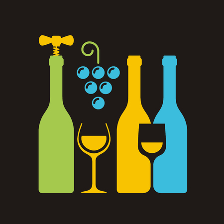 Row of wine bottles with corkscrew, wineglass and bunch of grapesのイラスト素材