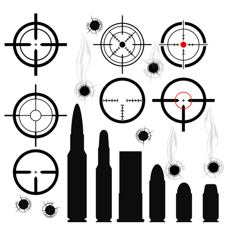 Crosshairs (gun sights), bullet cartridges and bullet holesのイラスト素材